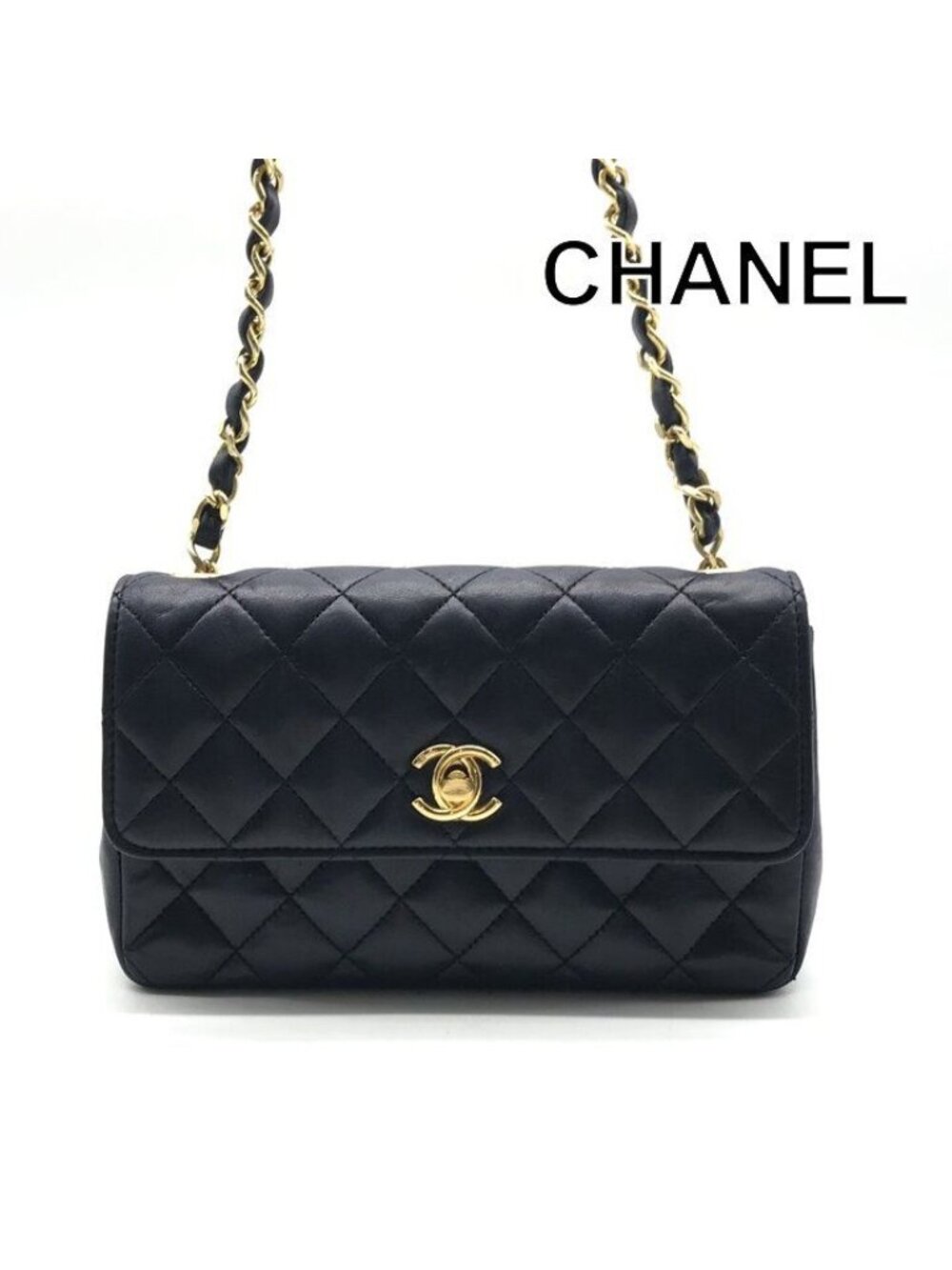 Chanel CC Logo Mini Quilted Leather Chain Shoulder Bag Vintage Navy